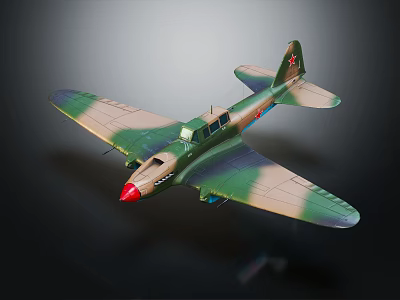 Camouflage Model Airplane With Red Nose Green And Brown Paint And Red Star On Tail 3d model