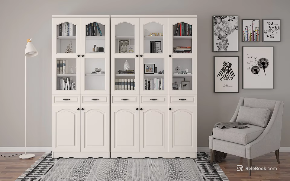 White Bookshelf With Glass Doors Wooden Cabinets Books Decorations In Modern Interior 3d model 