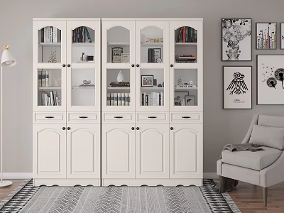 White Bookshelf With Glass Doors Wooden Cabinets Books Decorations In Modern Interior 3d model