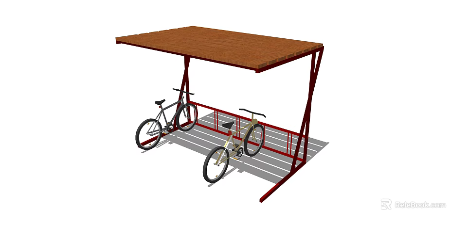 Outdoor Bicycle Shelter With Brown Roof Red Frame And Parked Bicycles 3d model 