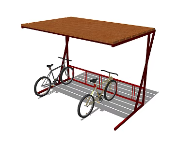 Outdoor Bicycle Shelter With Brown Roof Red Frame And Parked Bicycles 3d model