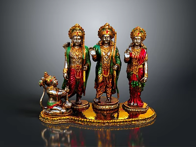 Traditional Colorful Deity Sculptures Handcrafted With Intricate Golden Decoration And Base 3d model