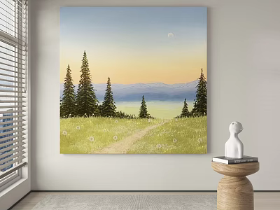 Landscape Painting With Green Meadow Winding Path Tall Pine Trees And Distant Mountains 3d model
