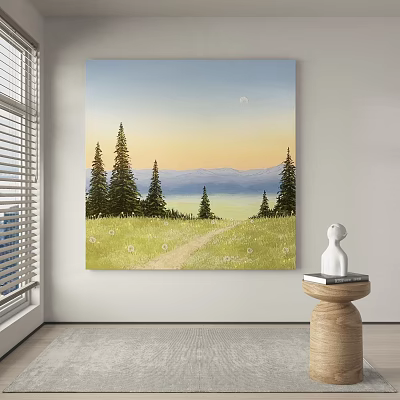 Landscape Painting With Green Meadow Winding Path Tall Pine Trees And Distant Mountains 3d model
