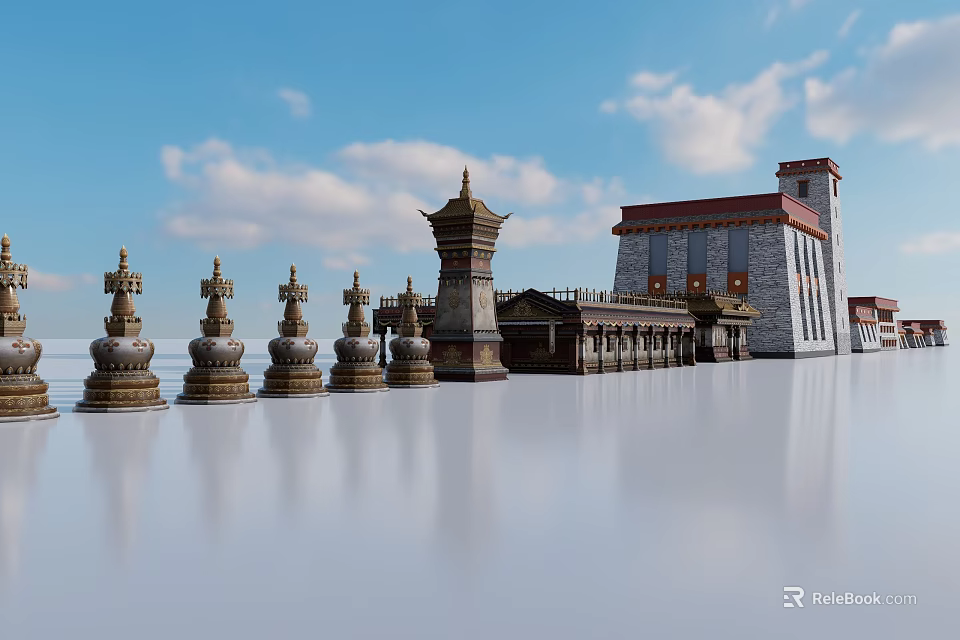 Traditional Garden Ornaments With Stone Pagodas Statues And Classical Architecture In Serene Garden 3d model 