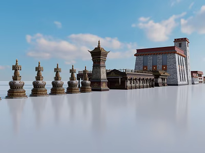 Traditional Garden Ornaments With Stone Pagodas Statues And Classical Architecture In Serene Garden 3d model
