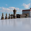 Traditional Garden Ornaments With Stone Pagodas Statues And Classical Architecture In Serene Garden