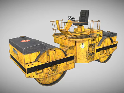 Yellow Road Roller With Double Drums And Metal Driver Seat Frame 3d model