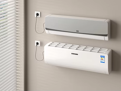 Two White Wall Mounted Air Conditioner Fans Installed On Wall With Window Blinds 3d model
