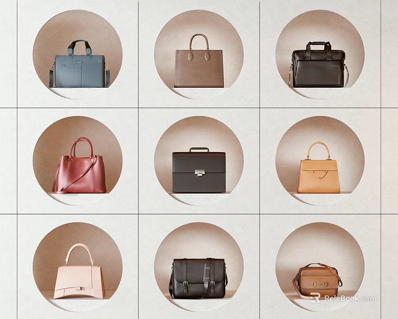 Bags Display Design Featuring Various Colors Styles Arranged In Circular Frames On Neutral Background 3d model 