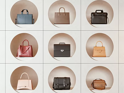 Bags Display Design Featuring Various Colors Styles Arranged In Circular Frames On Neutral Background 3d model