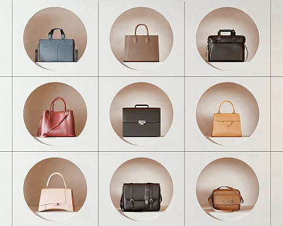 Bags Display Design Featuring Various Colors Styles Arranged In Circular Frames On Neutral Background 3d model
