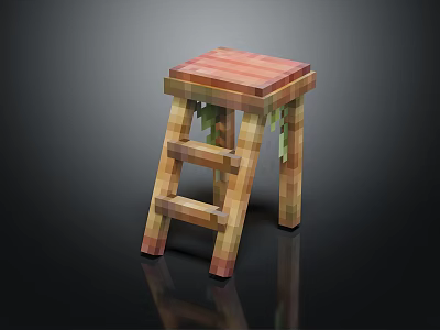 3D Pixel Art Wooden Stool With Square Seat And Ladder Steps 3d model