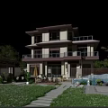 Two Story Detached Villa With Modern Exterior Large Windows Balconies Garden Lawn And Stone Path