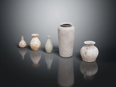 Various Stylish Ceramic Vases With Different Colors And Reflections On Black Background 3d model