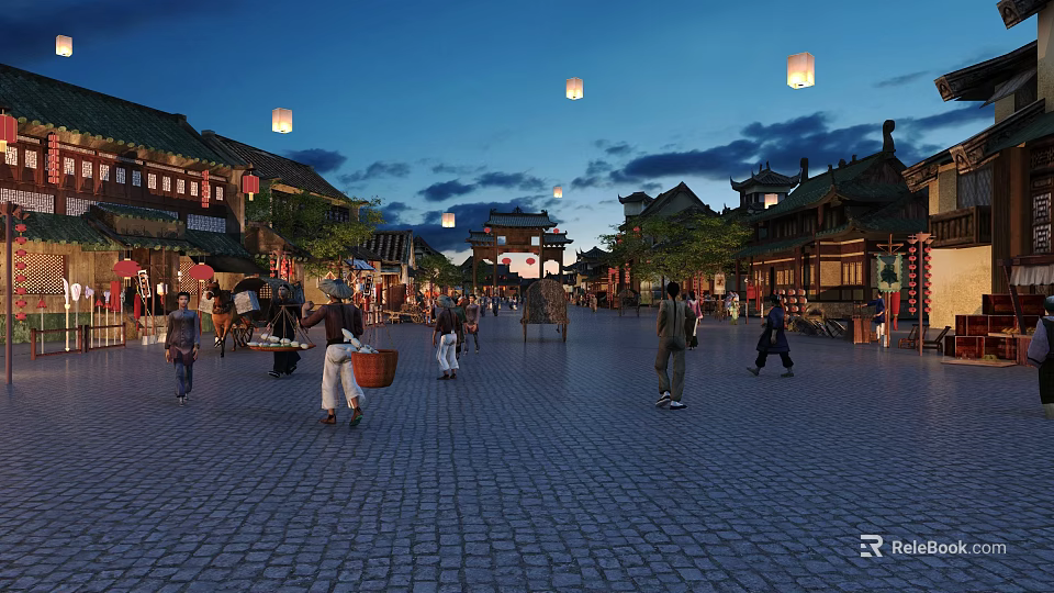 Traditional Ancient Architecture Night Street Scene With Lanterns Pedestrians And Horse Drawn Carriage 3d model 