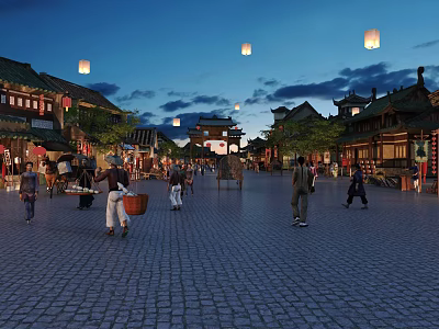 Traditional Ancient Architecture Night Street Scene With Lanterns Pedestrians And Horse Drawn Carriage 3d model