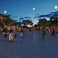 Traditional Ancient Architecture Night Street Scene With Lanterns Pedestrians And Horse Drawn Carriage