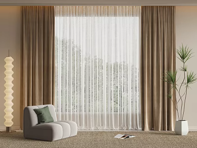 Light Sheer Curtain And Brown Heavy Curtain For Window With Sofa Plant And Floor Lamp 3d model