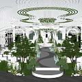 Luxurious Event Stage With White Arch Structures Greenery Chandeliers And Pathway