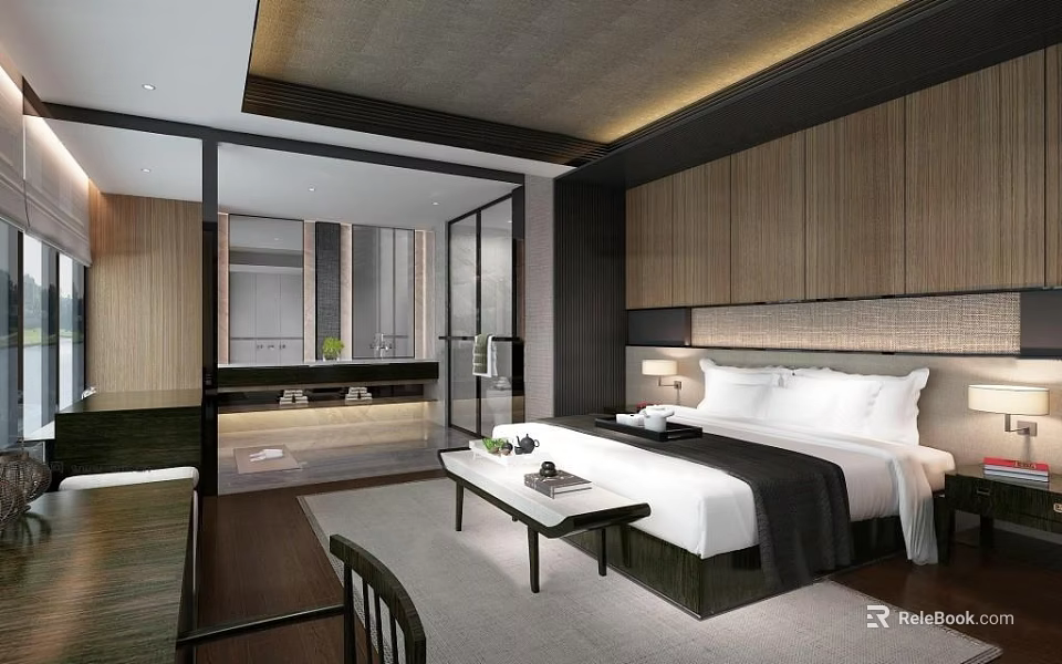 Modern Hotel Room Interior With Wooden Cabinets King Bed And Open Bathroom 3d model 