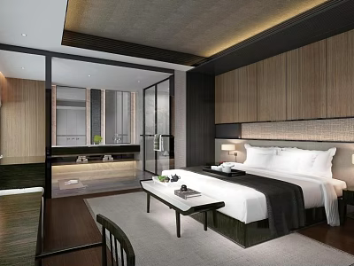 Modern Hotel Room Interior With Wooden Cabinets King Bed And Open Bathroom 3d model