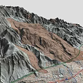 3D Rendered Mountain Landscape with Peaks Valleys and Urban Layout at Base