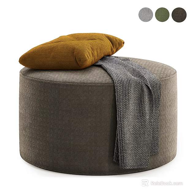 Gray Upholstered Round Ottoman Bench With Yellow Cushion And Gray Knit Blanket 3d model 
