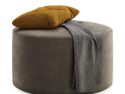 Gray Upholstered Round Ottoman Bench With Yellow Cushion And Gray Knit Blanket 3d model