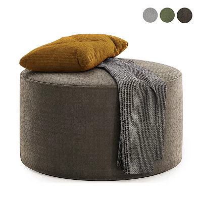 Gray Upholstered Round Ottoman Bench With Yellow Cushion And Gray Knit Blanket 3d model