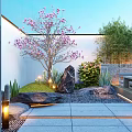 Serene Garden Yard Design With Pink Blossoms Green Lawn Pebble Path And Outdoor Seating