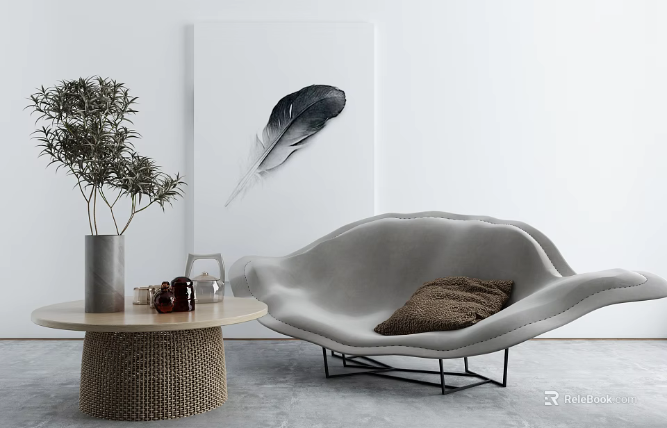 Shell Shaped Gray Lounge Chair Featuring Brown Cushion Woven Side Table And Feather Painting 3d model 