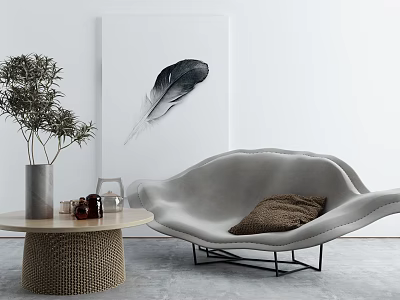 Shell Shaped Gray Lounge Chair Featuring Brown Cushion Woven Side Table And Feather Painting 3d model