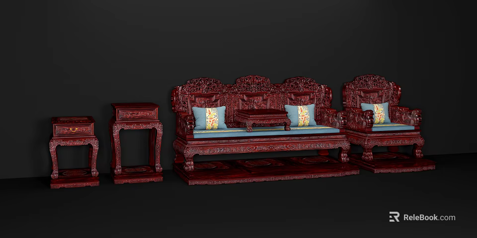 Traditional Rosewood Arhat Bed with Intricate Carvings and Side Tables Blue Cushions Yellow Pillows 3d model 