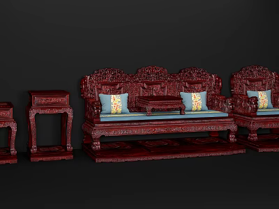 Traditional Rosewood Arhat Bed with Intricate Carvings and Side Tables Blue Cushions Yellow Pillows 3d model