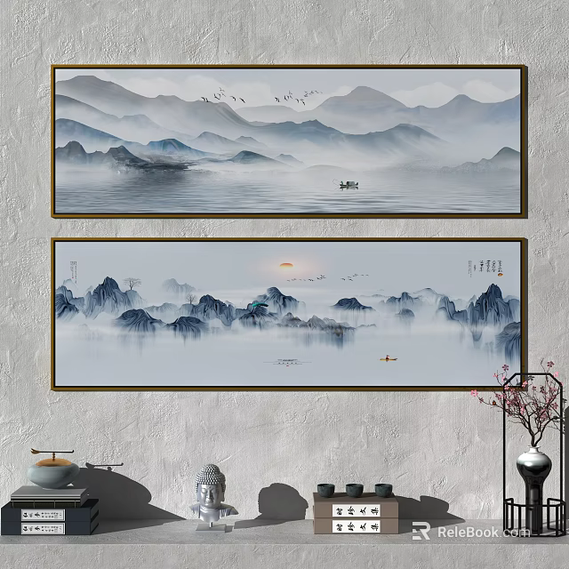 Serene Traditional Chinese Landscape Painting With Distant Misty Mountains Flying Birds And Sun 3d model 