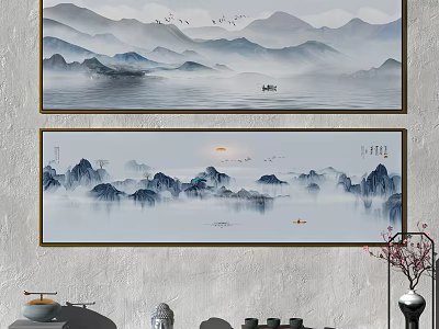 Serene Traditional Chinese Landscape Painting With Distant Misty Mountains Flying Birds And Sun 3d model