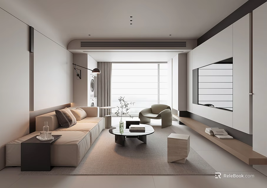 Modern Living Room Interior Design With Sofa Coffee Table And Floor to Ceiling Window 3d model 