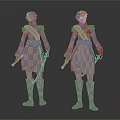 3D Character Model Front and Back Views With Blue Military Style Outfit And Sword
