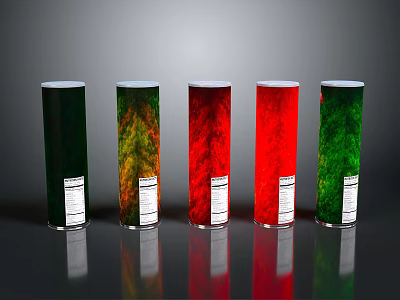 Cylindrical Containers With Red Green Gradient Colors Reflective Surface And White Labels 3d model