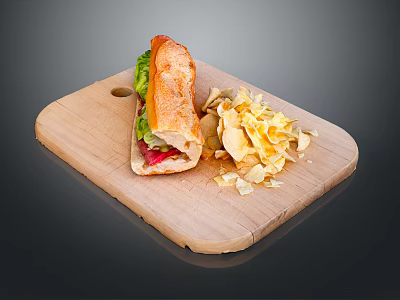 Fresh Baguette Sandwich With Lettuce And Tomato Served With Potato Chips On Wooden Cutting Board 3d model