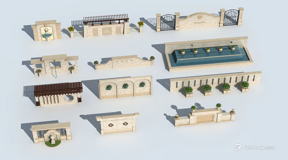 Diverse Garden Feature Wall Designs With Stone Structures Decorative Gates And Water Features 3d model
