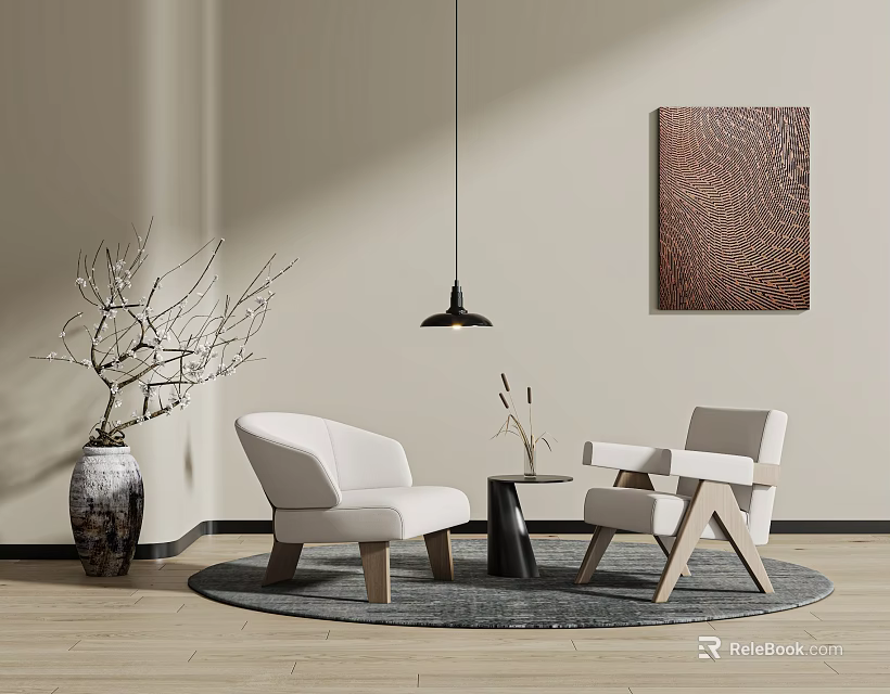 Modern Leisure Chairs In Living Space With Round Coffee Table Wall Art And Gray Rug 3d model 