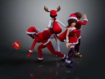Animated Game Characters in Santa Outfits with Christmas Hats Reindeer Antlers Gift Boxes and Skates 3d model