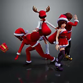 Animated Game Characters in Santa Outfits with Christmas Hats Reindeer Antlers Gift Boxes and Skates