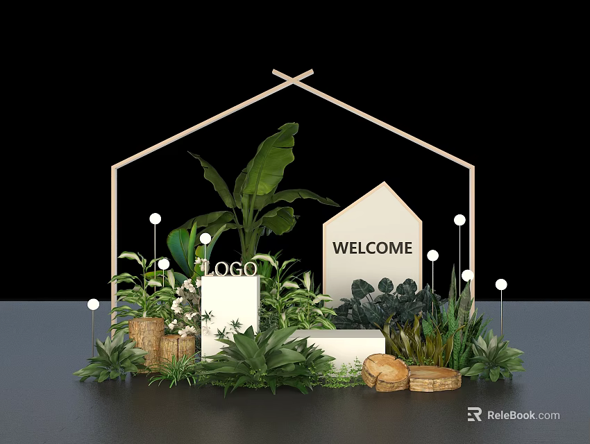 Welcome House Model and Logo in Wooden Frame with Green Plants and Woven Baskets 3d model 