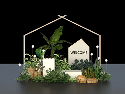 Welcome House Model and Logo in Wooden Frame with Green Plants and Woven Baskets 3d model