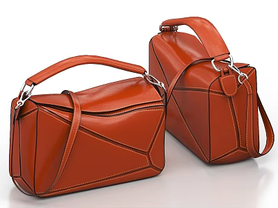 Orange Leather Handbags With Geometric Design Handles And Shoulder Straps 3d model