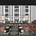Modern Sales Office Interior Design With Large Pendant Lights Windows Pink Sofas And Round Tables