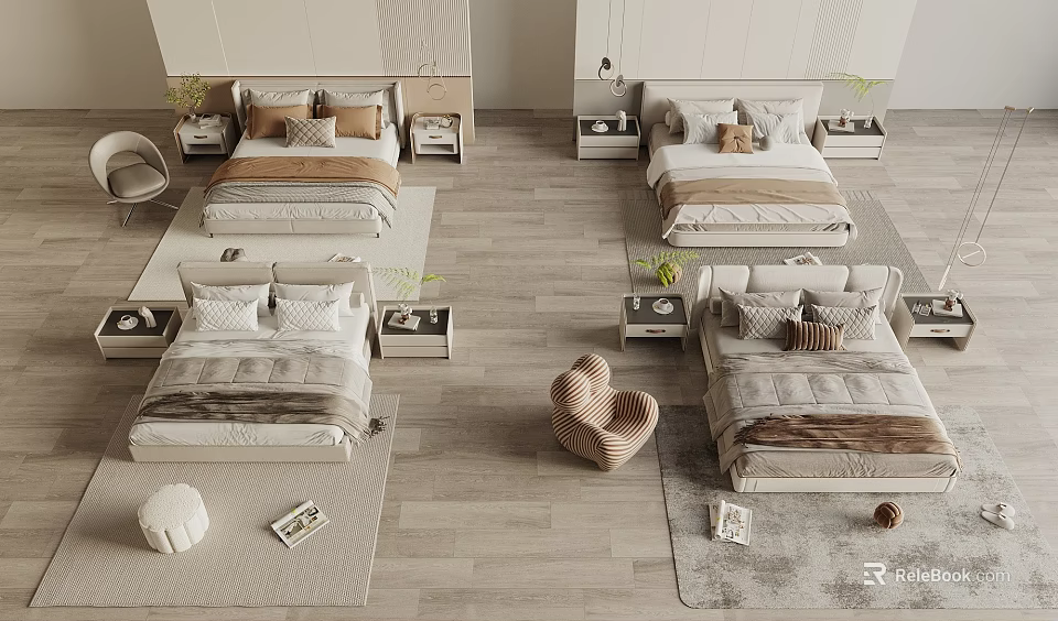 Modern Bedroom Interior Design With Double Bed Bedside Tables Rugs And Accent Chair 3d model 